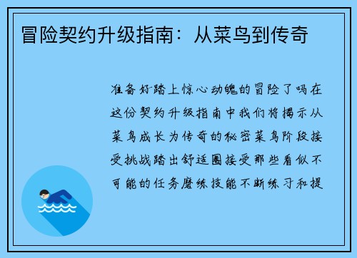 冒险契约升级指南：从菜鸟到传奇