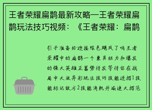 王者荣耀扁鹊最新攻略—王者荣耀扁鹊玩法技巧视频：《王者荣耀：扁鹊进阶攻略，奶力输出两不误》